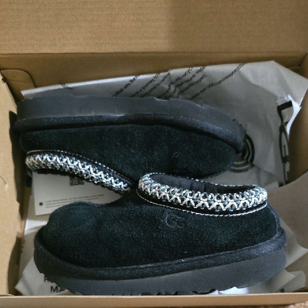 UGG Black Suede Slip-Ons with Patterned Trim